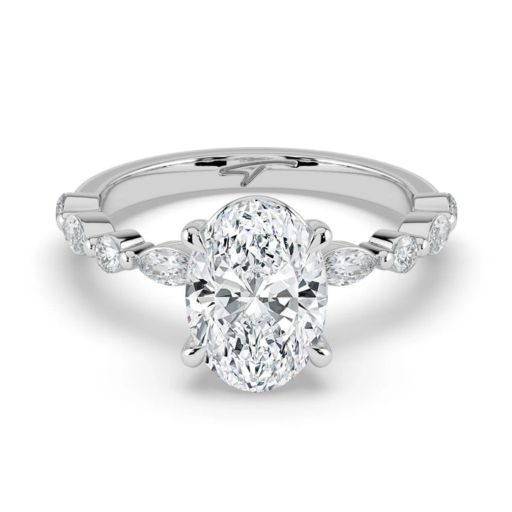 Lara oval engagement ring with marquise and round diamond band