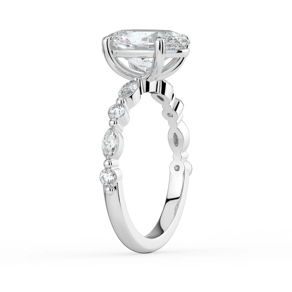 Oval engagement ring with alternating marquise and round diamonds