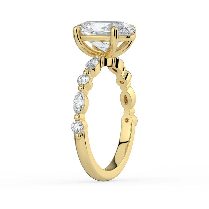 Oval engagement ring with marquise and round side diamonds